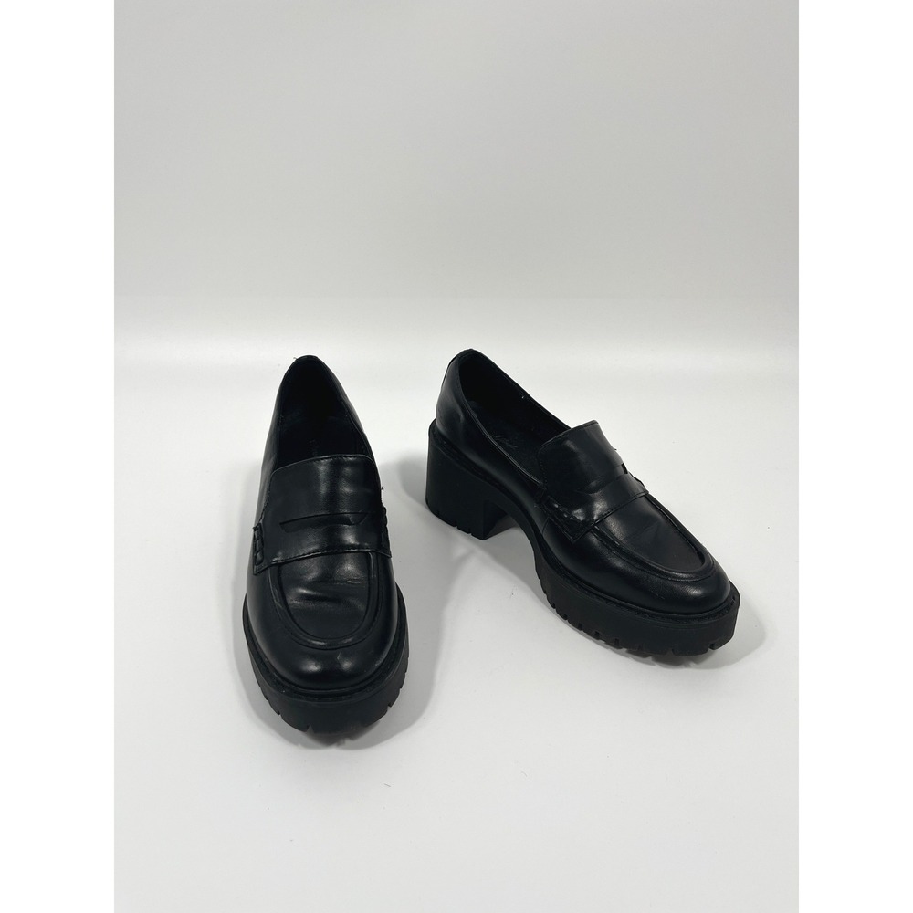 Y2K Faux Leather Chunky Platform Slip On Loafer Heels 7 Black Preppy Twee Chic